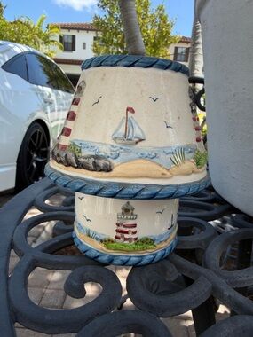 Nautical Ceramic fairy lamp with Sailboat and Lighthouse